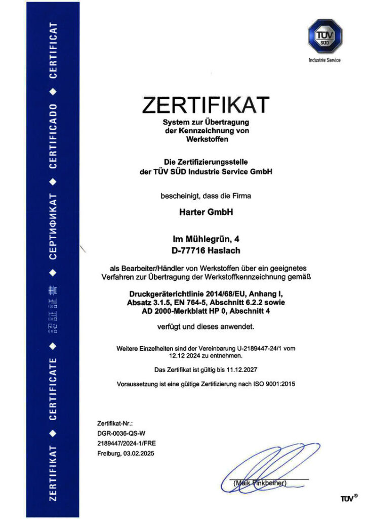 Zertifikat Harter Druckgeraeterichtlinie 2025